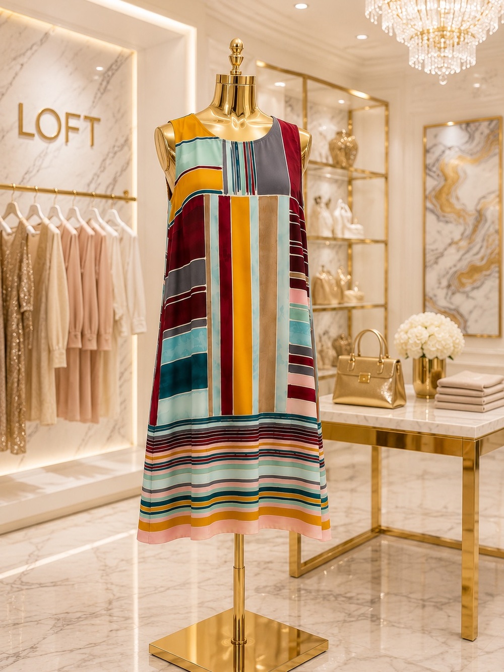 LOFT Colorblock Geometric Shift Dress |100% Rayon Petite Modern Art Print can